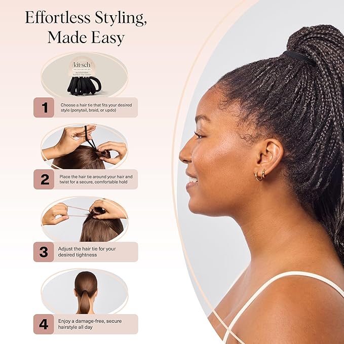 Kitsch Seamless Hair Ties No Damage - Stretchable Hair Bands for Strong All-Day Hold, Ponytail Holders | Hair Accessories for Girls | Ideal Gifts for Women - Black 8 Pcs