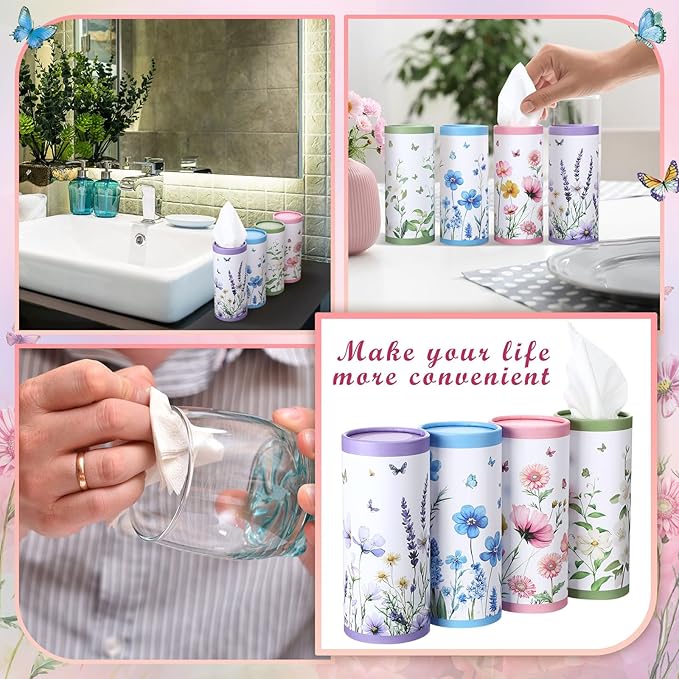 12 Pack Car Tissue Cylinder Holder Bulk with 3 Ply Facial Tissues, Round Napkin Holders for Car Cup Holder Cylinder Travel Paper Tubes Bulk Round Napkin Boxes Packs(Classic Flower)