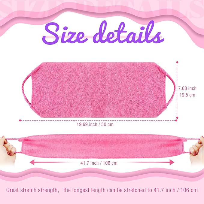 Exfoliating Back Scrubber with Handles for Shower for Women Exfoliating Back Cloth Body Extended Length Scrubber Towel Nylon Stretchable Pull Strap Wash Cloth for Bath Body 2 Pack