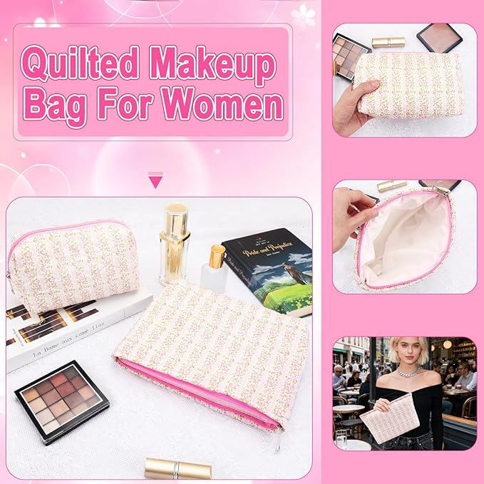 2Pcs Small Makeup Bag Quilted Cosmetic Bag Flower Pencil Case Travel Makeup Bag Set for Women Cute Cosmetic Pouch Aesthetic Cotton Toiletry Organizer Storage Bags Puffy Zipper Pouch Christmas Gifts C