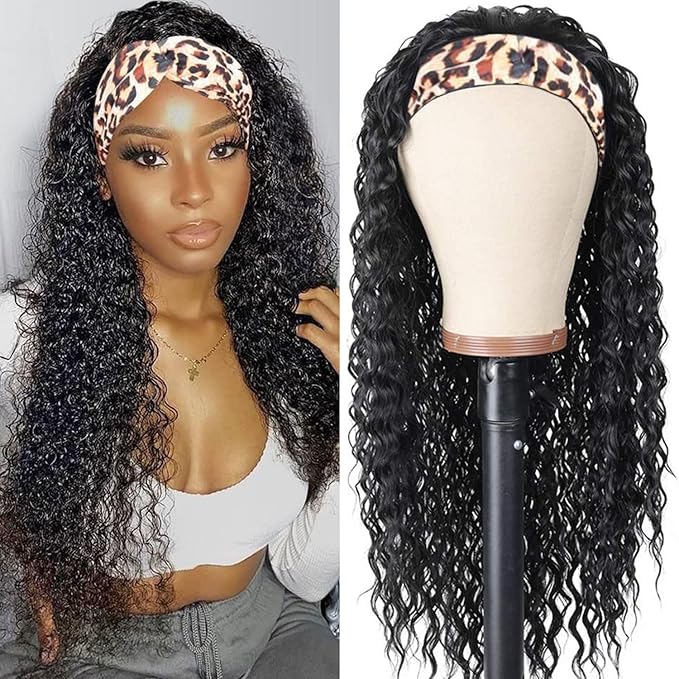 Aiterina Headband Wig deep wave human hair wigs for Black Women Brazilian Remy Hair Glueless Non Lace Front Wig 150% Density Natural Color (28 inch, Headband Wig Deep Wave)