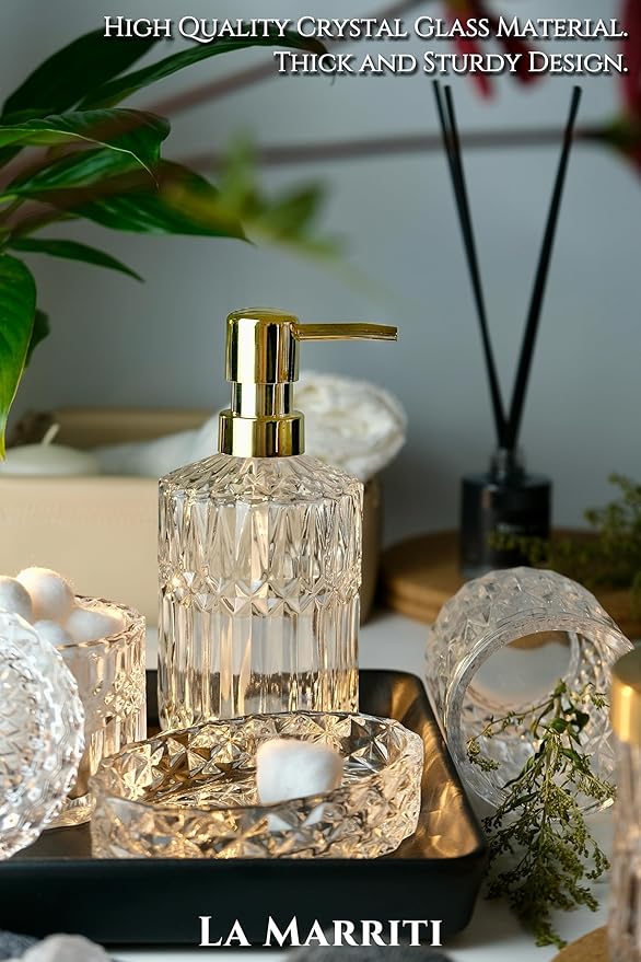 Glass Bathroom Accessories Set, 5pcs Crystal Clear Bathroom Set Accessories, Soap Dispenser, Toothbrush Holder Set, Soap Dish, Tumbler, Qtips Holder for Vintage Bathroom Decor, Gift Set