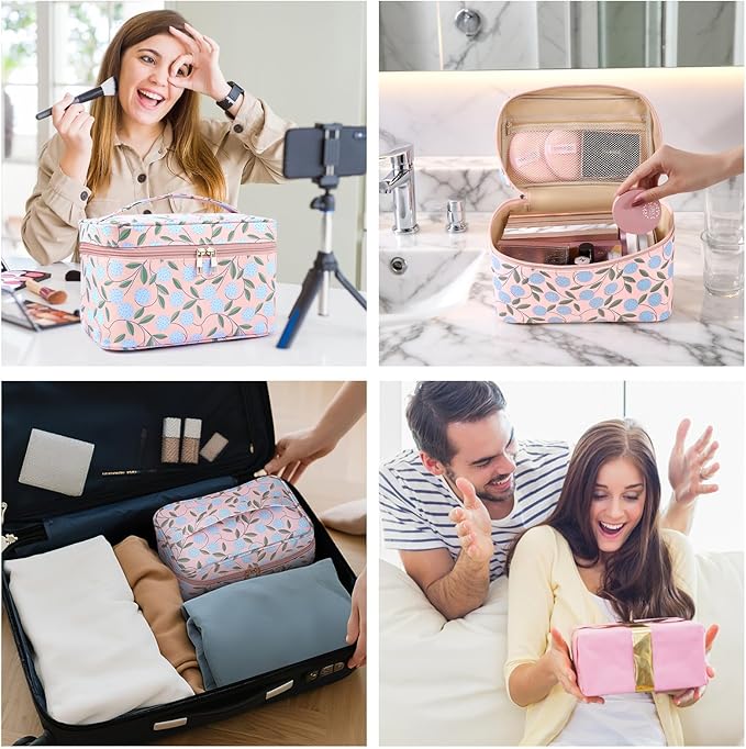 MAANGE Travel Makeup Bag, Cosmetic Bag, Portable Large Capacity Makeup Case, Make Up Organizer For Women, Oxford Cloth Toiletry Bag With Handle (Pink Plants)