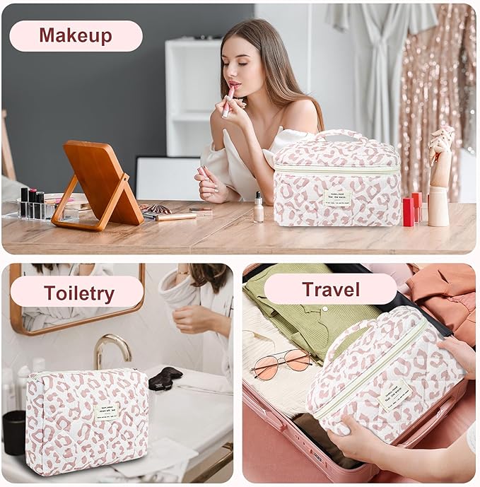 3Pcs Makeup Bag Cotton Quilted Travel Cosmetic Bag Cute Floral Makeup Pouch Large Toiletry Bag for Women Girls
