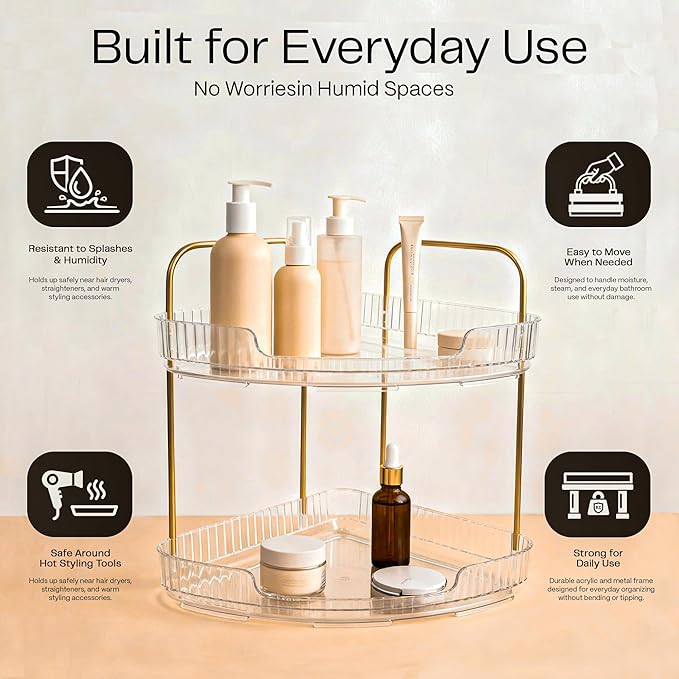 2-Tier Acrylic Corner Bathroom Organizer with Handle – Round Skincare & Makeup Storage Tray, Waterproof, Lightweight, Heat Resistant Vanity Shelf for Countertop, Kitchen, Bedroom, Dresser