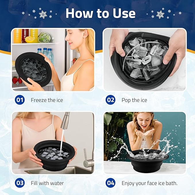 Large Bowl for Face Ice Bath, Foldable Facial Ice Bath with Built-in Icetray, Silicone Facial Ice Bath Bowl, Ice Face Bowl (Black)