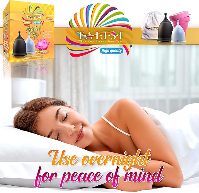 Talisi Menstrual Cups with Foldable Silicone Sterilizer - Soft Reusable Period Starter Kit - Feminine Menstruation Set - Alternative to Tampon Pad Disc - Light & Heavy Flow (Small & Large)