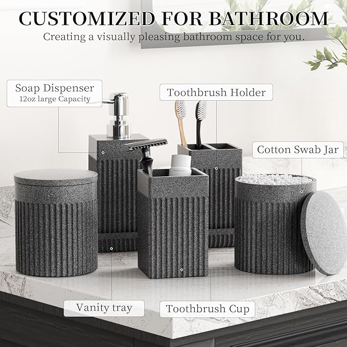 6-Piece Bathroom Set Grey - Stone Textured Resin Bathroom Organizer with Soap Dispenser, Toothbrush Holder, Vanity Tray, Tumbler & Cotton Swab Jars for Small Spaces