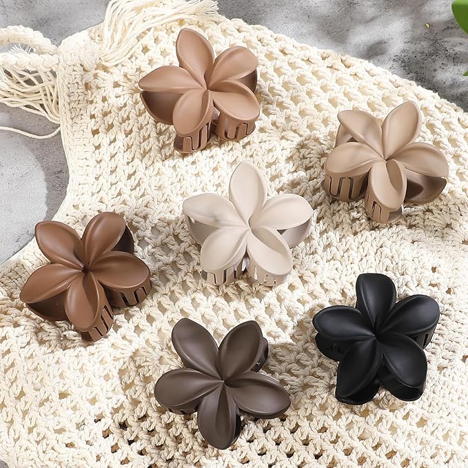 Flower Hair Clips 6 PCS Hawaiian Claw Clips for Vacation Hibiscus Hair Claw Cute Large Hair Clips for Thick and Thin Hair Plumeria Hair Accessories for Women Girls -Coffee