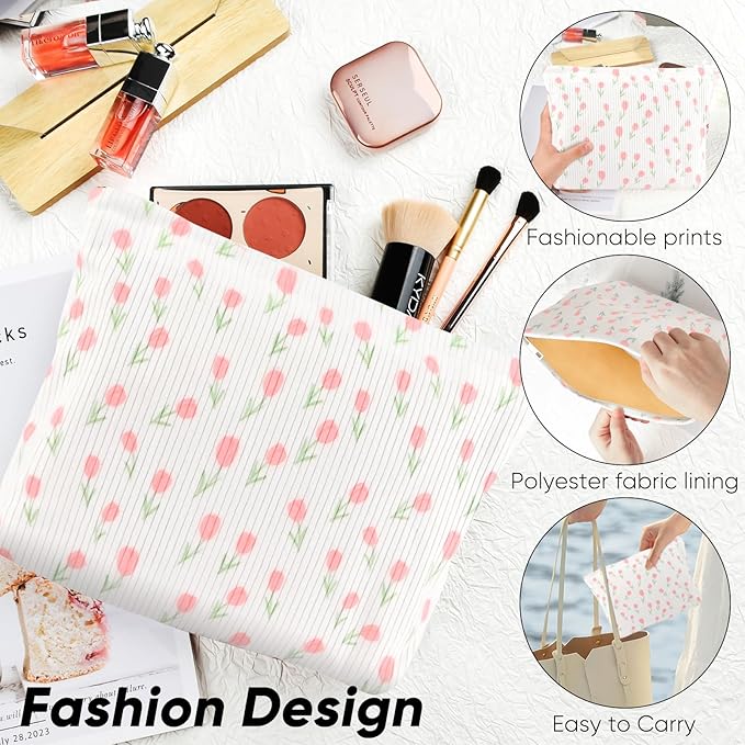 Cute Floral Makeup Pouch for Women Small Make Up Bag for Purse Zipper Initial Makeup Cosmetic Bags Pouches for Purse Aesthetic Travel Toiletry Bags, Pink Rose