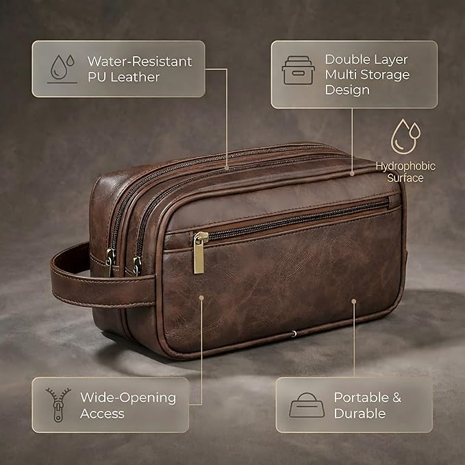 Men’s Toiletry Bag Travel Dopp Kit–double-deck PU Leather Water-Resistant Shaving Organizer Large Capacity, Double Compartments & Inner Pockets for Grooming, Bathroom & Gym Trip Toiletry Case(Coffee)