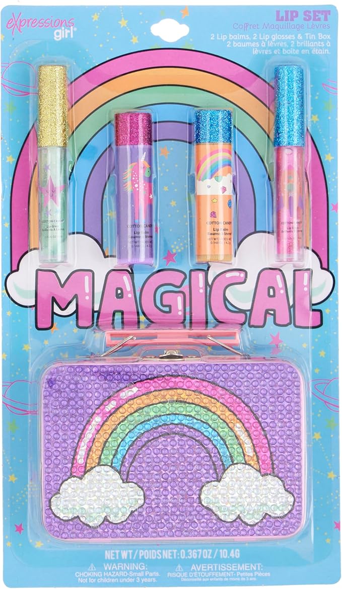 5pc Rainbow Rhinestones Cosmetics Lip Kit For Kids w/Lip Glosses, Lip Balms & Tin Box Storage Case "Magical" Lip Set,Washable + Non Toxic