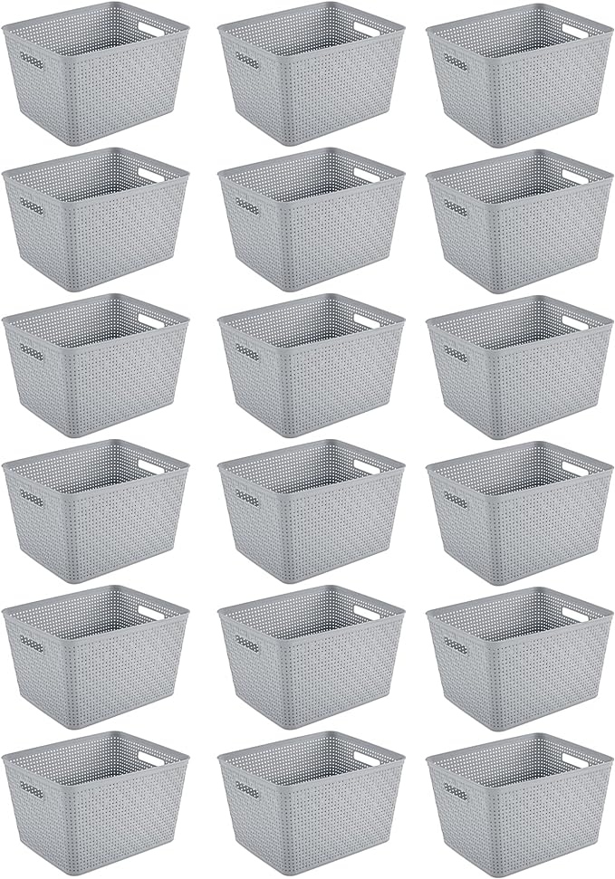 Sterilite 18 Pack Plastic Storage Bin Organization Containers, Tall Baskets, Cement