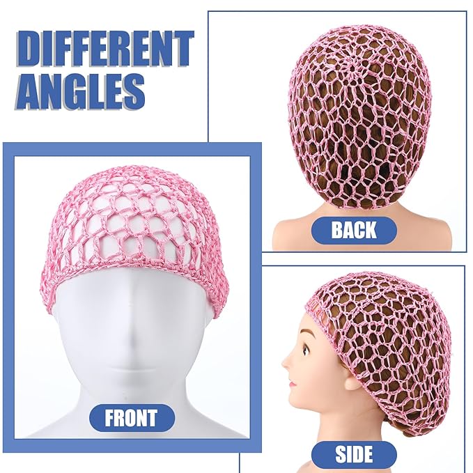Geyoga 4 Pieces Mesh Crochet Hair Net Rayon Knit Snood Hat Thick Short Women Hairnet Snoods Cover Ornament for Sleeping (Royal Blue, Sky Blue, Rose Red,Pink)