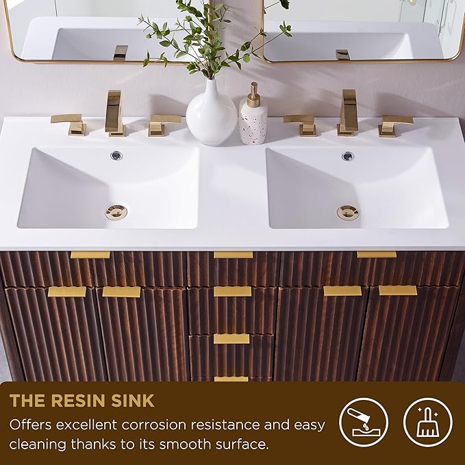 T4TREAM 48" Fluted Bathroom Vanity with Resin Sink Combo，Freestanding Modern Bathroom Storage Vanity Cabinet with Soft Closing Doors & 2 Drawers，Wood Grain Texture，Metal Handle，Dark Walnut