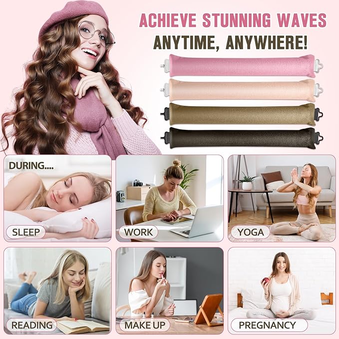 Heatless Curls Overnight, 4 Pcs No Heat Curling Blowout Rod, Satin Blowout Look Heatless Hair Rollers, Soft Flexi Rods for Big Curls to Sleep In (03 multicolored)