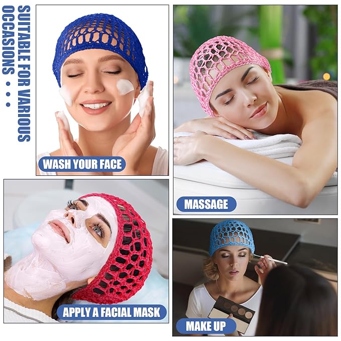 Geyoga 4 Pieces Mesh Crochet Hair Net Rayon Knit Snood Hat Thick Short Women Hairnet Snoods Cover Ornament for Sleeping (Royal Blue, Sky Blue, Rose Red,Pink)