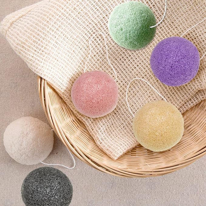 6 Pack Natural Konjac Facial Sponges, findTop 6 Colors Konjac Exfoliating Facial Sponge Set for Gentle Face Cleansing and Exfoliation- Charcoal, Turmeric, French Green, White Pink & Purple