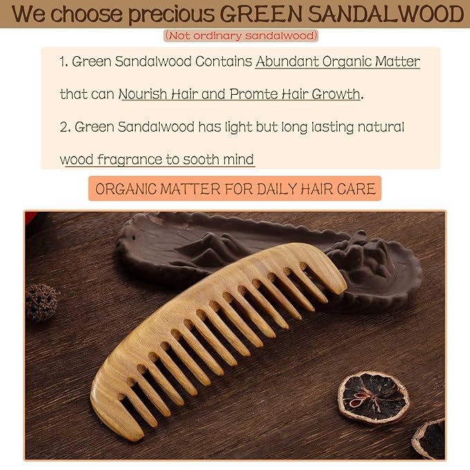 2 Pack Wooden Comb, Beard Comb for Men, Hair Combs for Women - Green Sandalwood