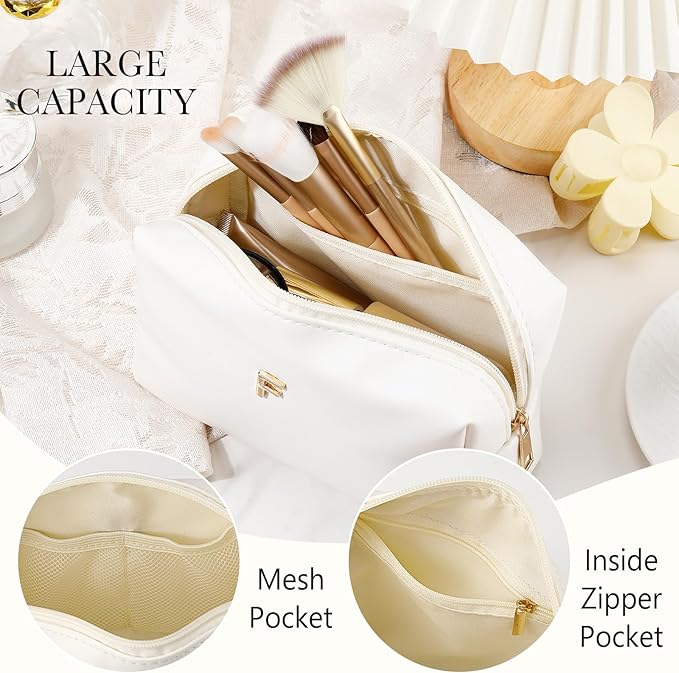 Kigeli Initial Makeup Bag for Women Beige Leather Easter Basket Gifts Monogram Cosmetic Bag Small Travel Toiletry Pouch Wedding Birthday Graduation Bridesmaid Gifts for Teen Girls Women Teachers(F)