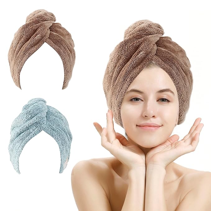 2 Pack Hair Drying Towels, Hair Wrap Towels,Absorbent Microfiber Hair Towel Turban with Button Design to Dry Hair Quickly(Star Green&Camel)