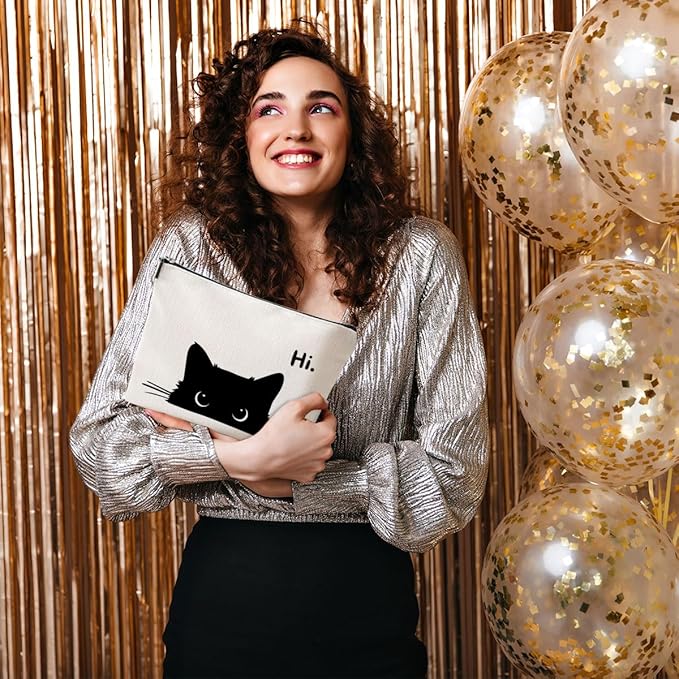 Cute Cat Makeup Bag, Kitty Canvas Cosmetic Bags Zipper Pouch Travel Toiletry Bag, Black Cat Gifts for Women Girls Daughter Sisters Coworker Friends Christmas Thanksgiving Birthday Gifts