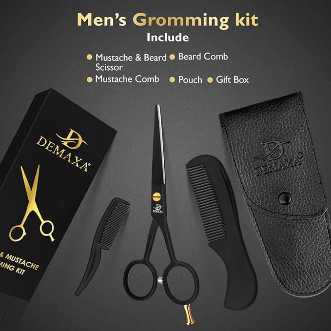 5" Professional Beard Scissors for men Mustache Scissors with 1 Mustache Comb, 1 Beard Comb & Soft Pouch – Prefect Beard shears mustache kit for All Facial Hair – moustache Grooming kit for Men