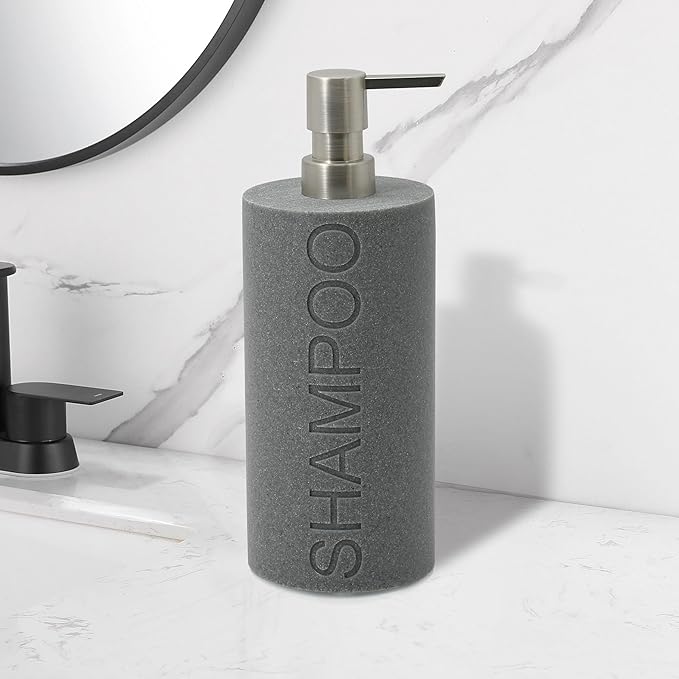 Resin Neutral Gray Sandstone Shampoo Engraved Bottle Refillable Pump Dispenser, Durable Waterproof Resin Construction for Bath, Shower - Gray Sandstone Satin Nickel Pump