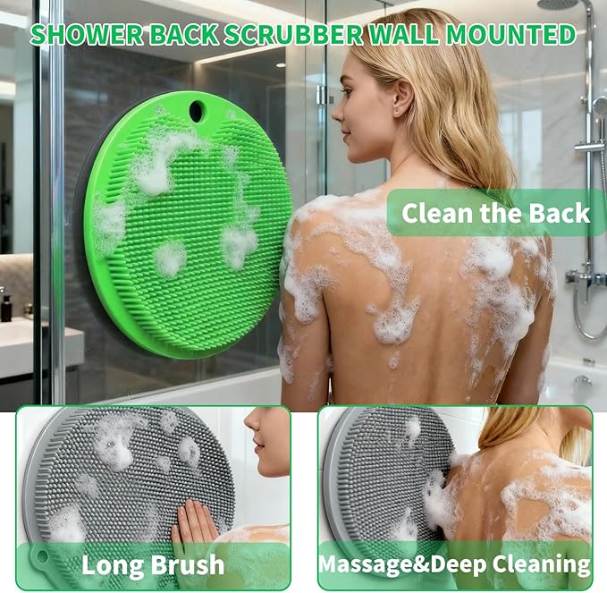 2 Pack Shower Foot Scrubber & Shower Back Scrubber Wall Mounted with Delicate Brush,Gentle Exfoliation Non-Slip Foot Scrubber Mat (Gray and Green)