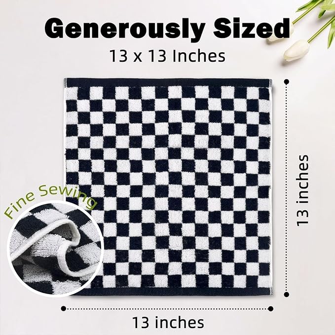 Jacquotha Washcloths 12 Pack Checkered - Wash Cloths for Showering (13"x13") in Black, Multi-Purpose Bathroom Face Cloths, Soft and Quick Dry