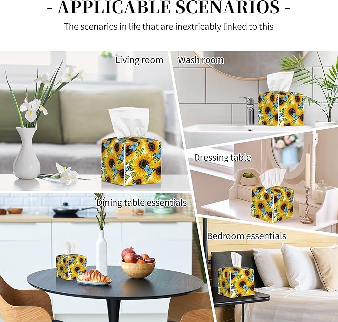 Sunflowers and Blue Butterflies Tissue Box Cover Square,Watercolor Sunflower Tissue Box Holder Waterproof Leather Facial Paper Organizer Dispenser for Bathroom Home Car Nightstand Vanity Desk