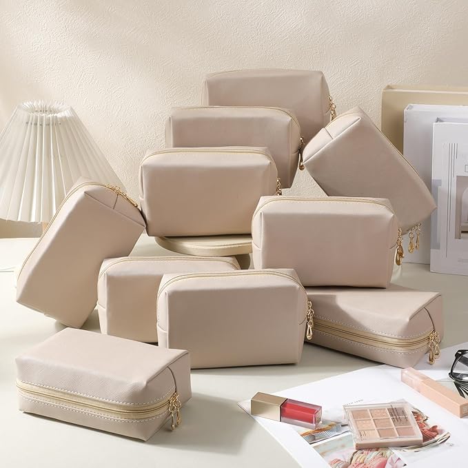 Kigeli 15 Pcs Aesthetic Makeup Bags PU Leather Cosmetic Pouches Waterproof Plain Toiletry Bags Makeup Pouches Bulk for Women Party Gift Travel Storage Organizer(Nude Color)