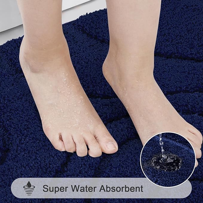 HEBE Bathroom Rugs Sets 5 Piece, Soft Absorbent Microfiber Bath Mat for Bathroom, Non Slip Washable Bath Rug Set with Toilet Cover, Bath Runner and U-Shaped Contour Toilet Rug, Navy Blue