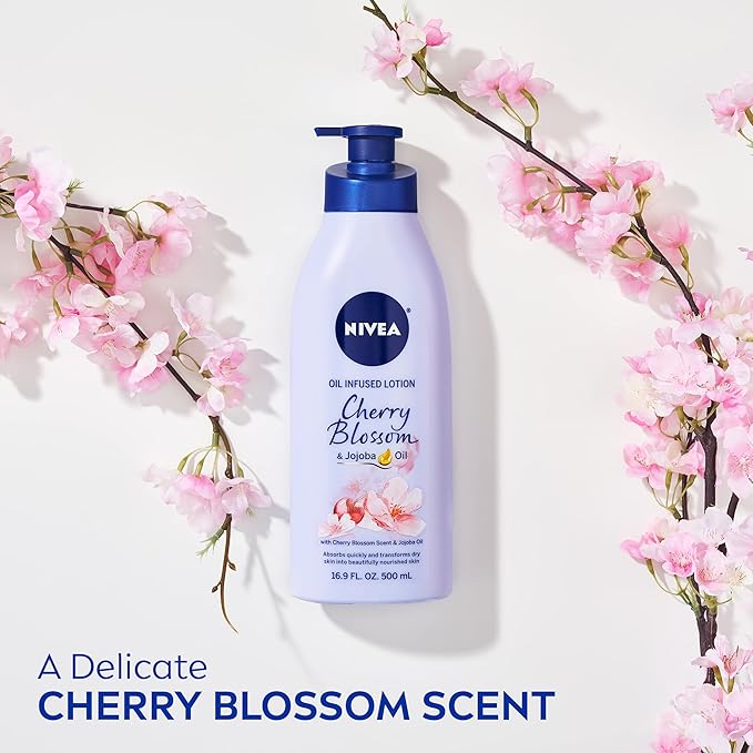 NIVEA Oil Infused Cherry Blossom and Jojoba Oil Body Lotion for Women, Fast-Absorbing and Non-Greasy Cherry Blossom Scented Lotion Moisturizes for 48 Hours, 16.9 Fl Oz Pump Bottle (Pack of 2)