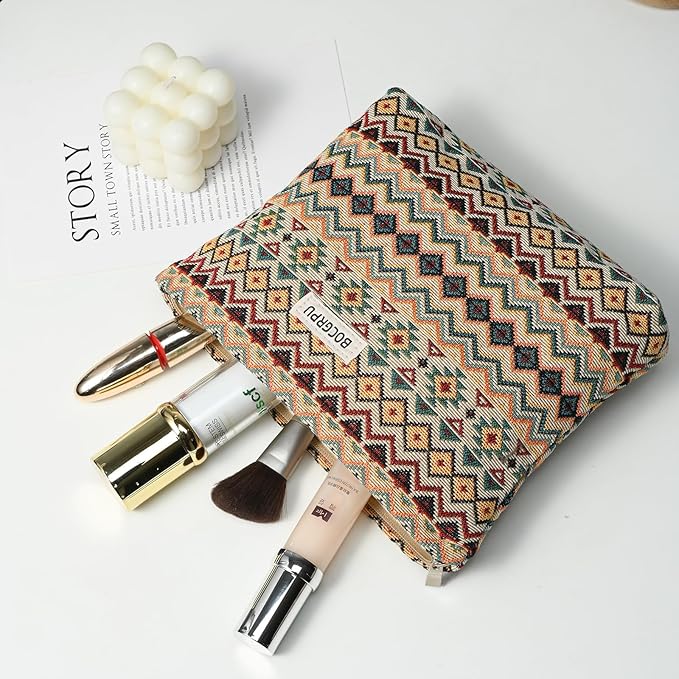 2 PCS Makeup Bag Set，Portable Small Cosmetic Bag for Purse ，Large Storage Capacity Toiletry Bag Organizer，Travel Pouch with Zipper for Women, (Bohemian Style)