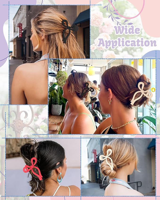 4 PCS Bow Hair Clips Bow Claw Clip for Women Nonslip Large Hair Claw Clips for Thin and Thick Hair Strong Hold Hair Bows (Purple+Rose red+Orange+Light brown)