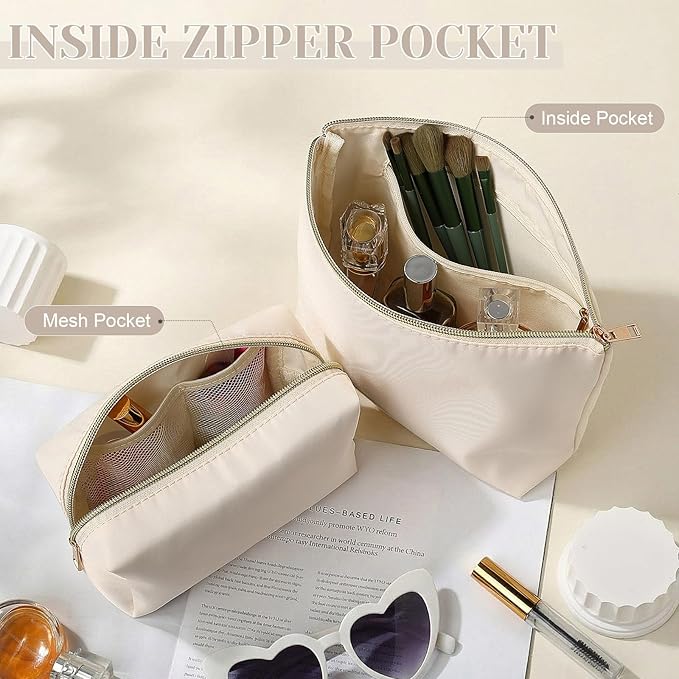 Kigeli 2 Pcs Nylon Makeup Bag Set for Women Wedding Favors Cosmetic Bag with Interior Pockets Preppy Cute Purse Pouch Pencil Case Makeup Brushes Storage Organizer for Travel Toiletry Bags(Beige)