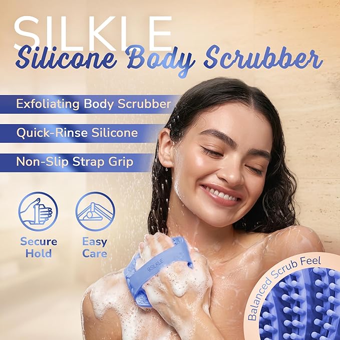 Silicone Body Scrubber – Gentle Exfoliating Shower Scrubber for Body & Bath, Silicone Shower Brush & Loofah Alternative – Non-Slip Silicone Body Brush, Quick Dry, Hygienic - Blue