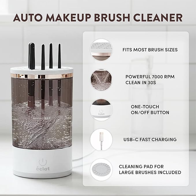 ÉCLAT Electric Makeup Brush Cleaner Machine, Deep Cleans Residue on Sponge & Powder Puffs, Cosmetic Tool Cleaner, No Batteries Needed, Quick & Efficient Spinning Washer for Travel & Home Use (White)