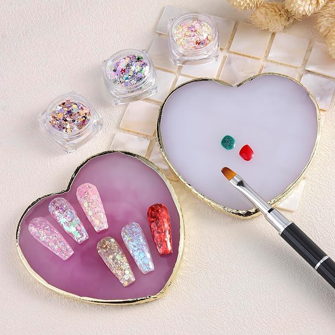 2 Pcs Resin Nail Art Palette, Heart Shaped Nails Art Painting Palettes with Gold Edge Nail Gel Polish Holder Makeup Display Board Cosmetic Mixing Tools Manicure DIY Home Salon Use