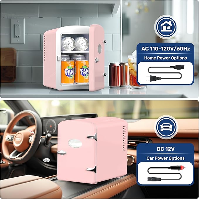 HealSmart Mini Fridge Portable 6 Liter/9 Can with Observation Window, Cooler&Warmer Small Desk Compact Refrigerator for Skin Care, Cosmetics, Beverage, Food in Bedroom, Car, Office, Dorm, Pink