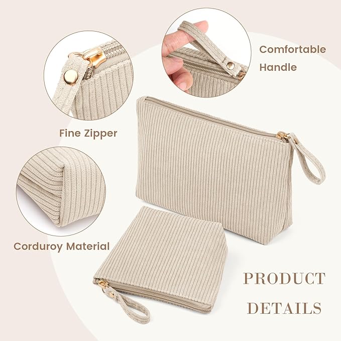 MAGEFY 2Pcs Makeup Bag Set, Cute Makeup Pouch for Purse Corduroy Travel Cosmetic Pouch for Women with Slip-in Pockets for Purse Essentials Accessories(Beige,Mini+Small)