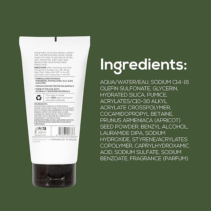 MARLOWE. No. 122 Facial Scrub for Men, 6 oz, Gentle Face Exfoliator with Apricot Seed Powder & Pumice, Cleanses & Smooths, Fresh Pine & Agarwood Scent