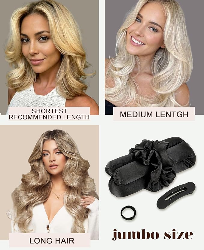 Jumbo Heatless Curls Overnight Hair Curler to Sleep In Soft Satin Large Hair Rollers Flexi Rods for Long Hair Blowout Look Big Curl, No Heat Overnight Curls, Heatless Curling Rod Set with Claw Clip