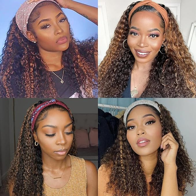 Aiterina Headband Wig Deep Wave Human Hair Ombre Brown Blonde 4/27 Headband Wig Human Hair Glueless None Lace Front Machine Made 150% Density for Black Women 20 inch