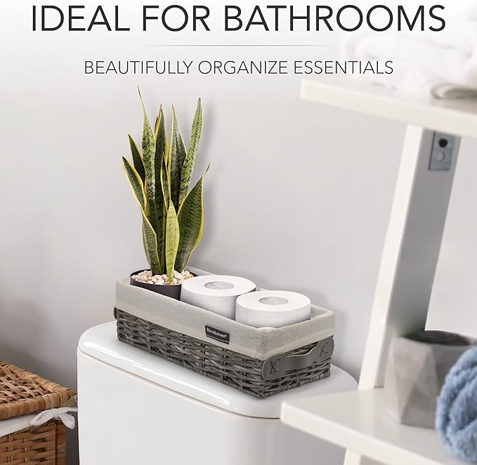 Brookstone Wicker Shelf Storage Basket Decorative Shelf Bin, bathroom organizers and storage, Boho Living Room Decor, Summer Storage 2025-2 Piece Set