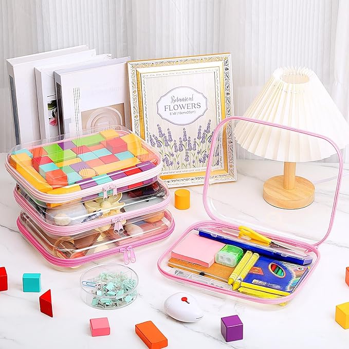 Hoolerry 4 Pcs Hard Clear Zipper Case Makeup Bags Plastic Zipper Pouch Transparent Storage Box Containers for Cosmetics, Snacks, Building Blocks, Puzzles(Clear,9.8 x 7.9 x 2 in,Pink)