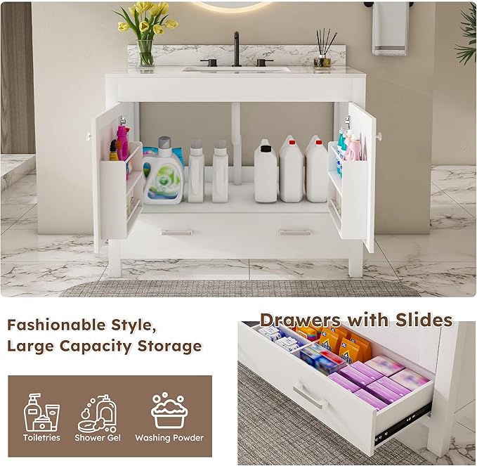 Montary 42" Bathroom Vanity with 43" Sintered Stone Carrara White Top, Modern Stylish MDF Bathroom Storage Cabinet, Vanity Set with 2 Doors and One Large Divided Drawer, White (Three Holes)