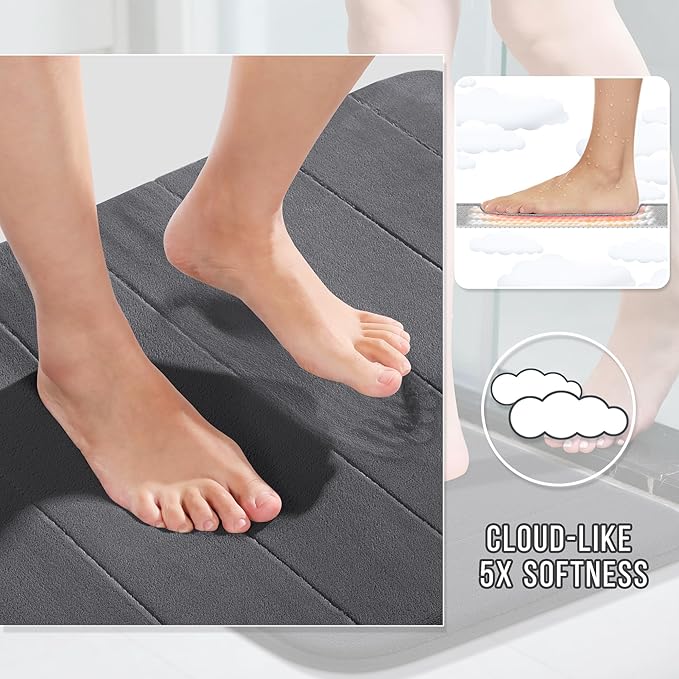 Yimobra Large Bath Mat Set 2 Piece- Super Soft Absorbent Quick Dry Memory Foam Bathroom Rugs, Machine Washable Non Slip Floor Carpet for Tub Shower & Double Vanity (17x24 & 44x24, Dark Gray)