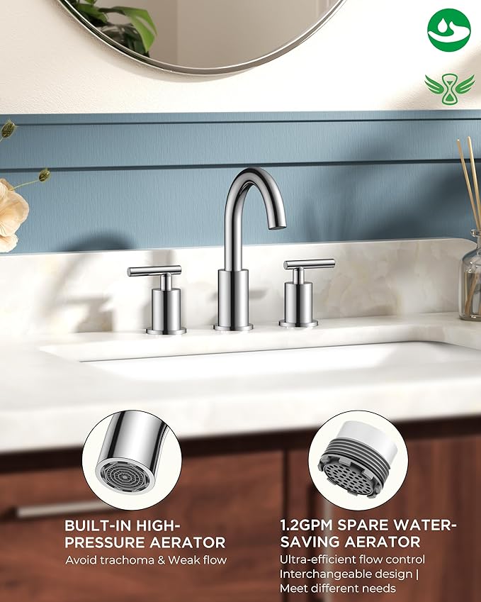 FORIOUS Chrome Bathroom Faucet 3 Hole, 8 Inch Widespread Bathroom Sink Faucet Polished Chrome 6 in with Metal Pop Up Drain and 24" Supply Line, 360 Degree Swivel Gooseneck for 3 Hole Vanity Sink RV